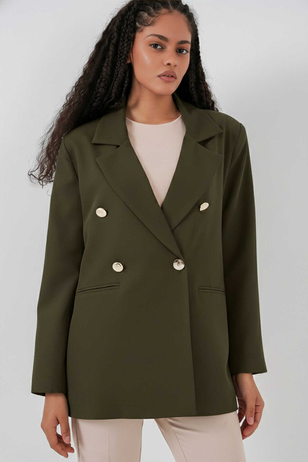 Kadın Kruvaze Yaka Blazer Ceket 0722 - Haki - 4