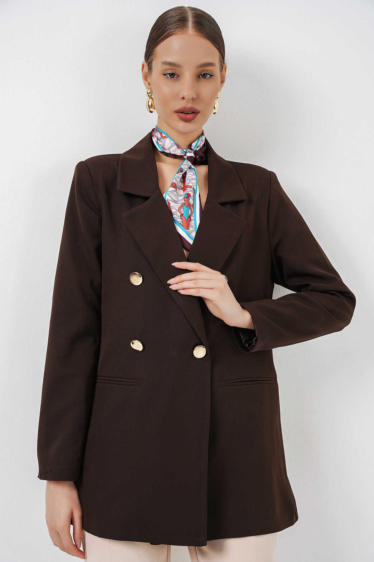 Kadın Kruvaze Yaka Blazer Ceket 0722 - Kahverengi - 1