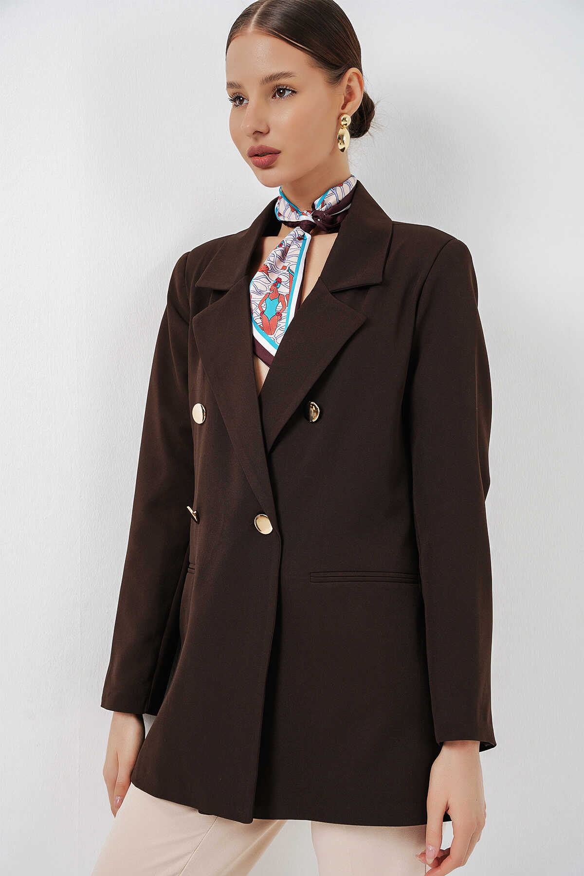 Kadın Kruvaze Yaka Blazer Ceket 0722 - Kahverengi - 3