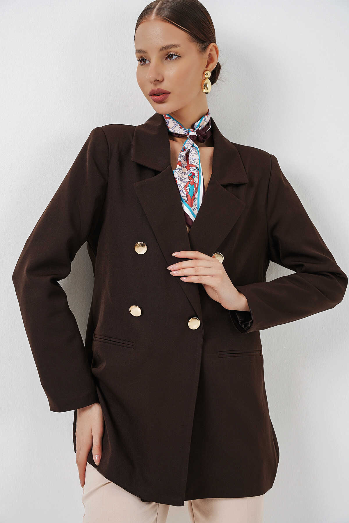 Kadın Kruvaze Yaka Blazer Ceket 0722 - Kahverengi - 4