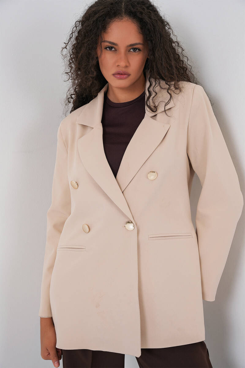 Kadın Kruvaze Yaka Blazer Ceket 0722 - Krem - BİGDART