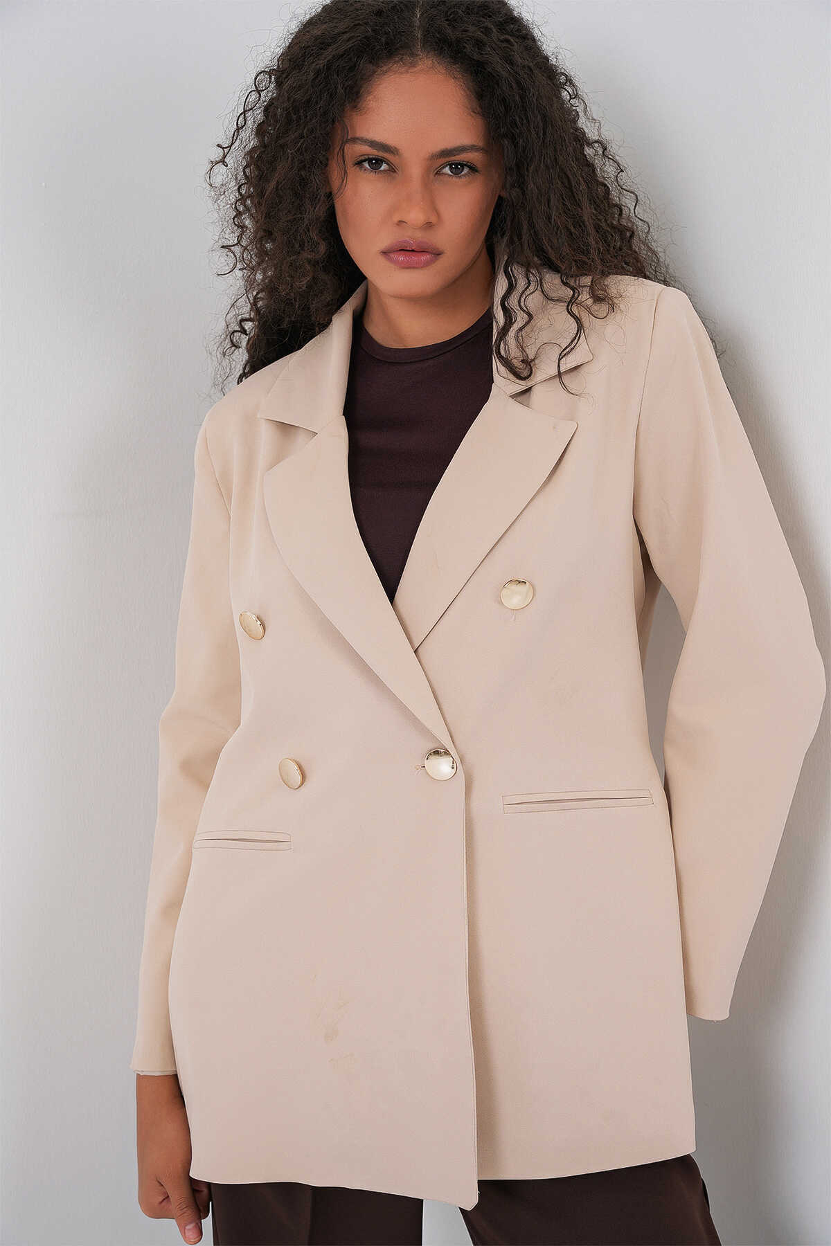Kadın Kruvaze Yaka Blazer Ceket 0722 - Krem - 1