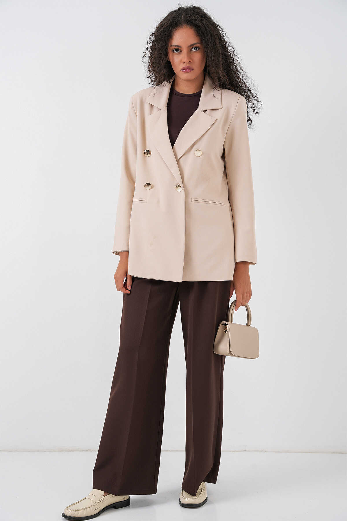 Kadın Kruvaze Yaka Blazer Ceket 0722 - Krem - 2