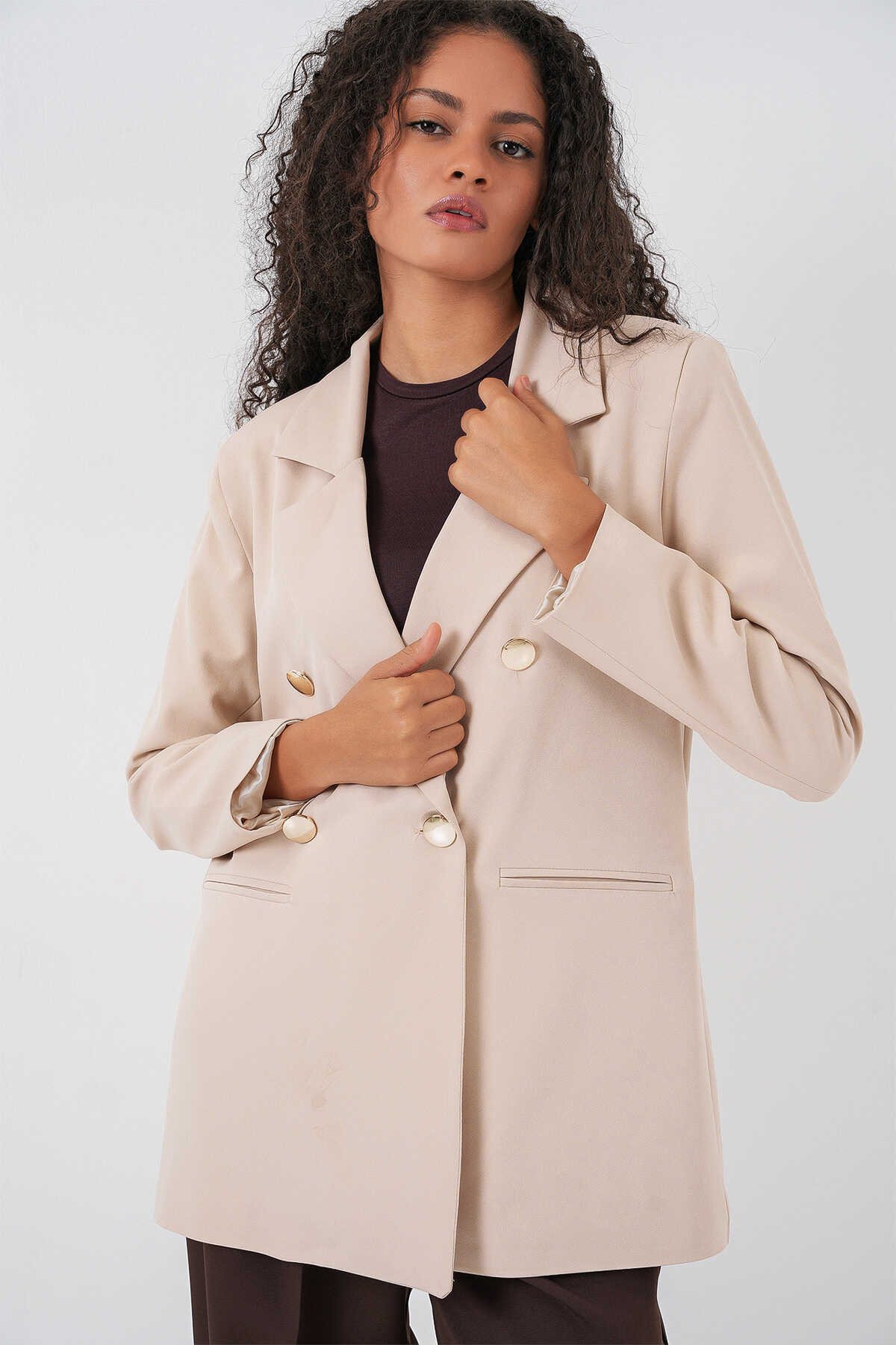 Kadın Kruvaze Yaka Blazer Ceket 0722 - Krem - 3