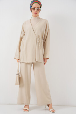 Kadın Kruvaze Yaka Kimono Alt Üst Takım 6743 - Bej 