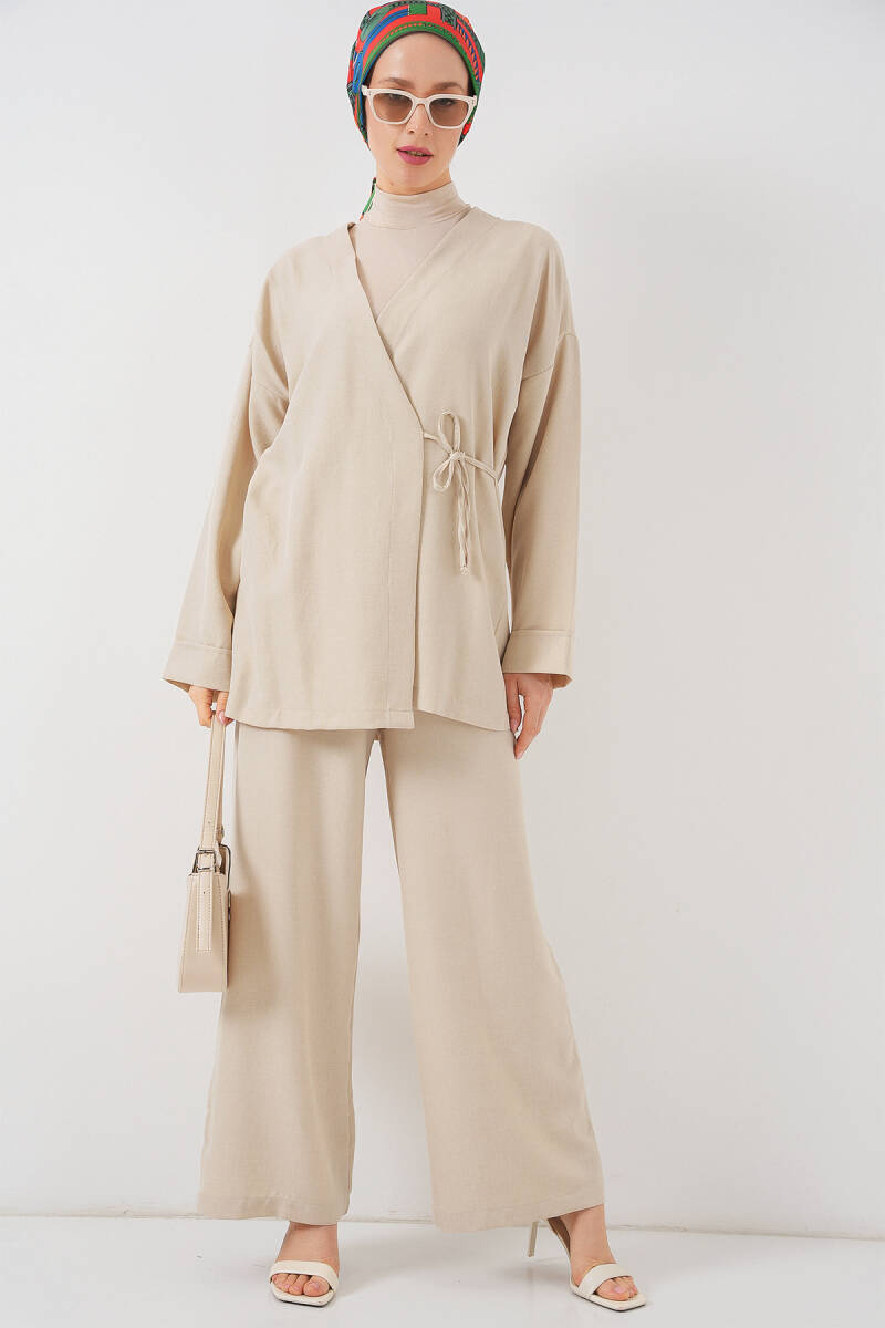 Kadın Kruvaze Yaka Kimono Alt Üst Takım 6743 - Bej - BİGDART