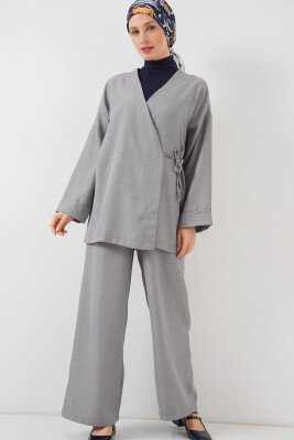 Kadın Kruvaze Yaka Kimono Alt Üst Takım 6743 - Gri 