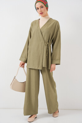 Kadın Kruvaze Yaka Kimono Alt Üst Takım 6743 - Haki 