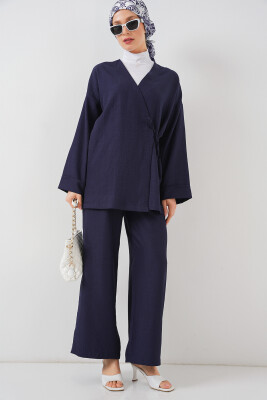 Kadın Kruvaze Yaka Kimono Alt Üst Takım 6743 - Lacivert 