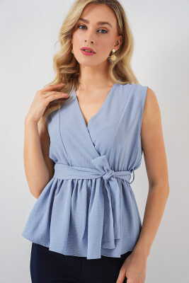 Kadın Kruvaze Yaka Kolsuz Bluz 966 - Mavi 