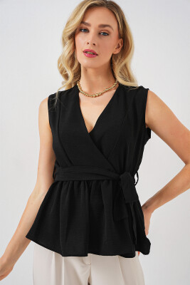 Kadın Kruvaze Yaka Kolsuz Bluz 966 - Siyah 