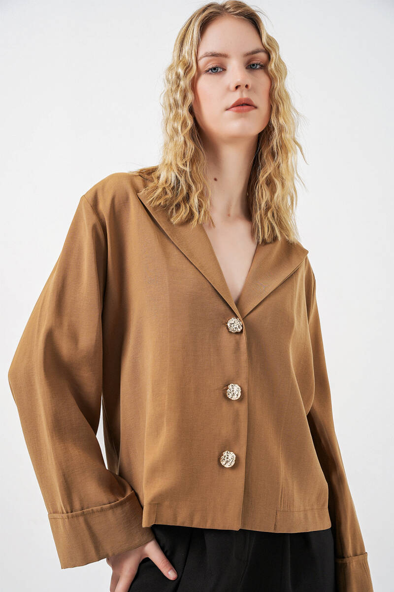 Kadın Kruvaze Yaka Oversize Ceket 0747 - Camel - BİGDART