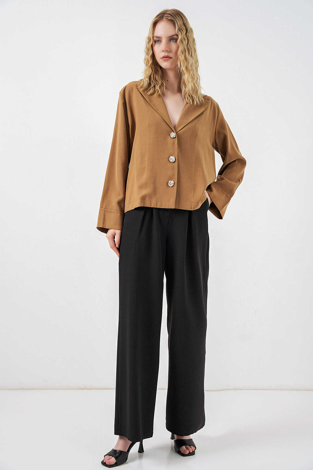 Kadın Kruvaze Yaka Oversize Ceket 0747 - Camel - 2