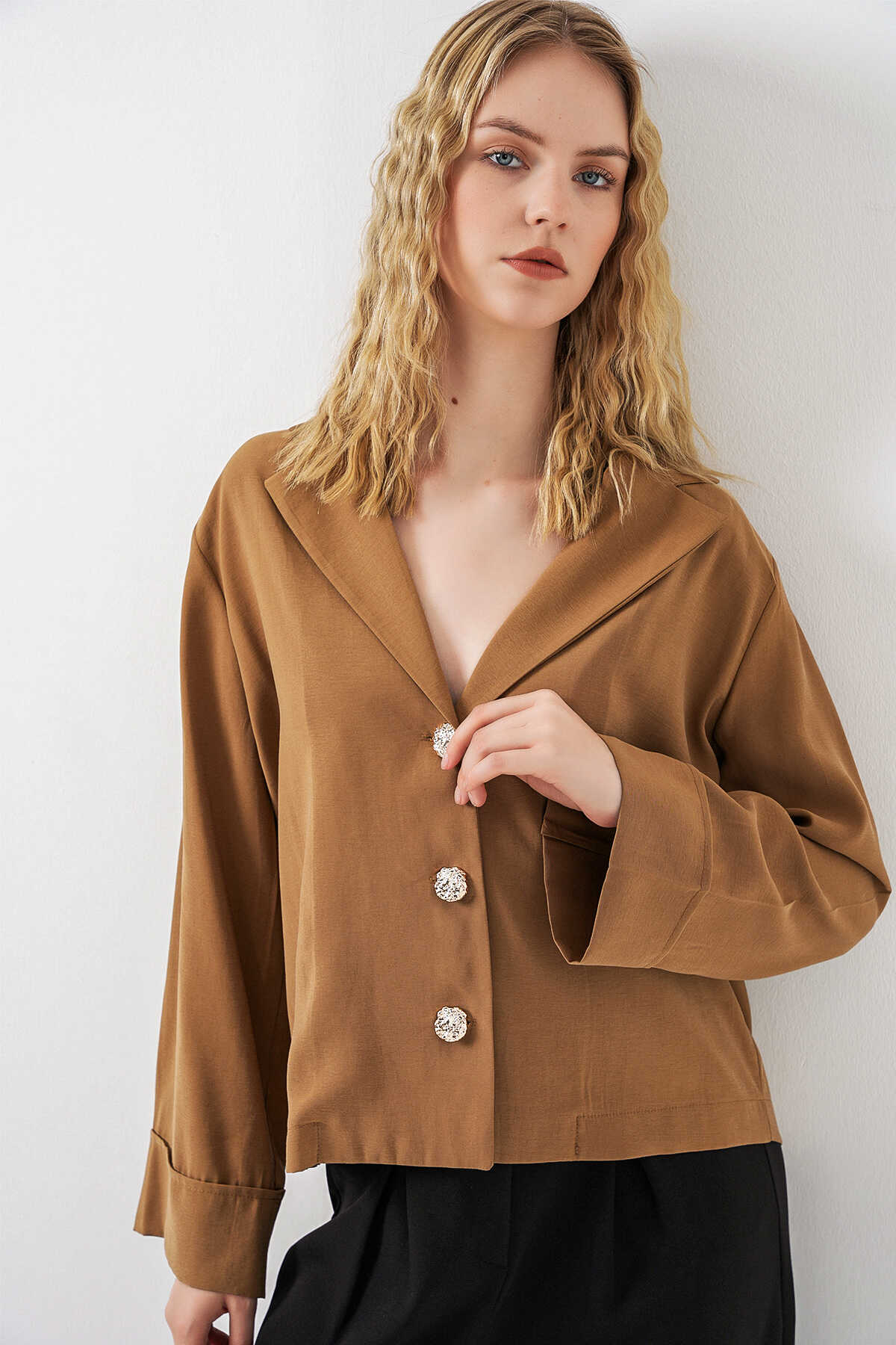 Kadın Kruvaze Yaka Oversize Ceket 0747 - Camel - 3