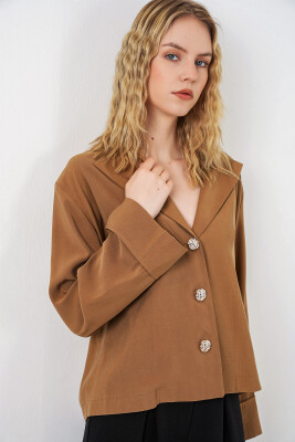 Kadın Kruvaze Yaka Oversize Ceket 0747 - Camel - 4