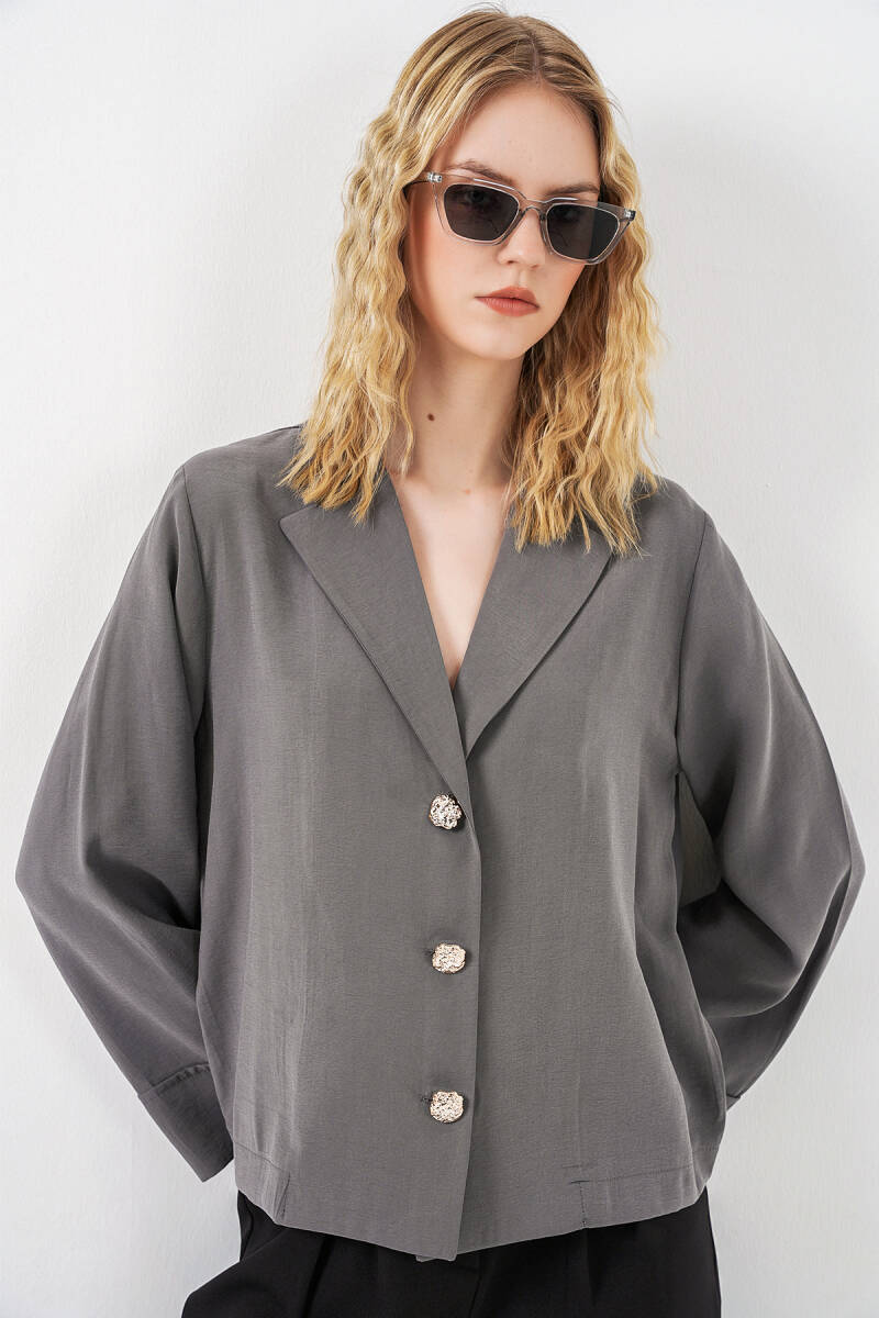 Kadın Kruvaze Yaka Oversize Ceket 0747 - Gri - BİGDART