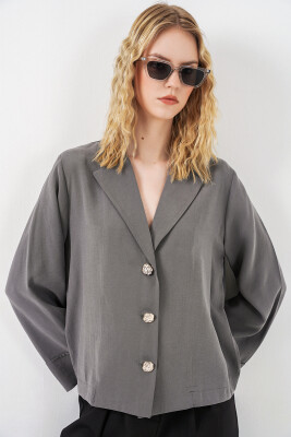 Kadın Kruvaze Yaka Oversize Ceket 0747 - Gri - BİGDART