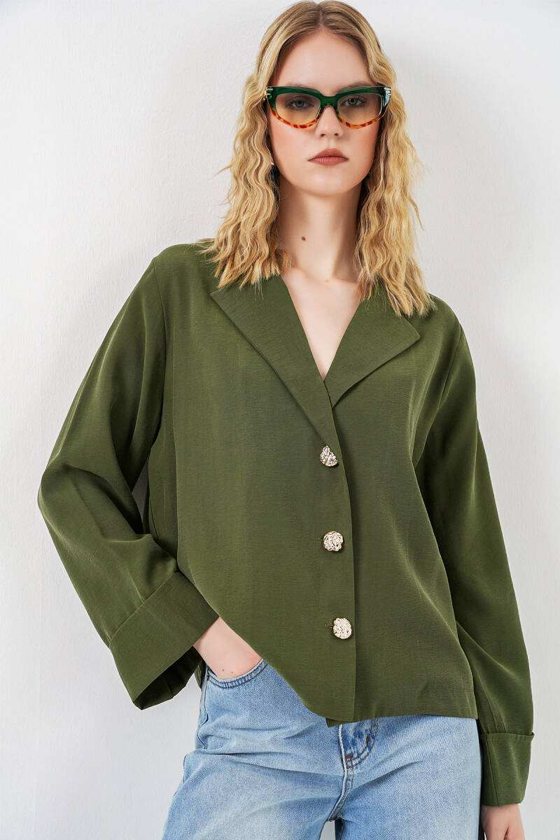 Kadın Kruvaze Yaka Oversize Ceket 0747 - Haki - BİGDART