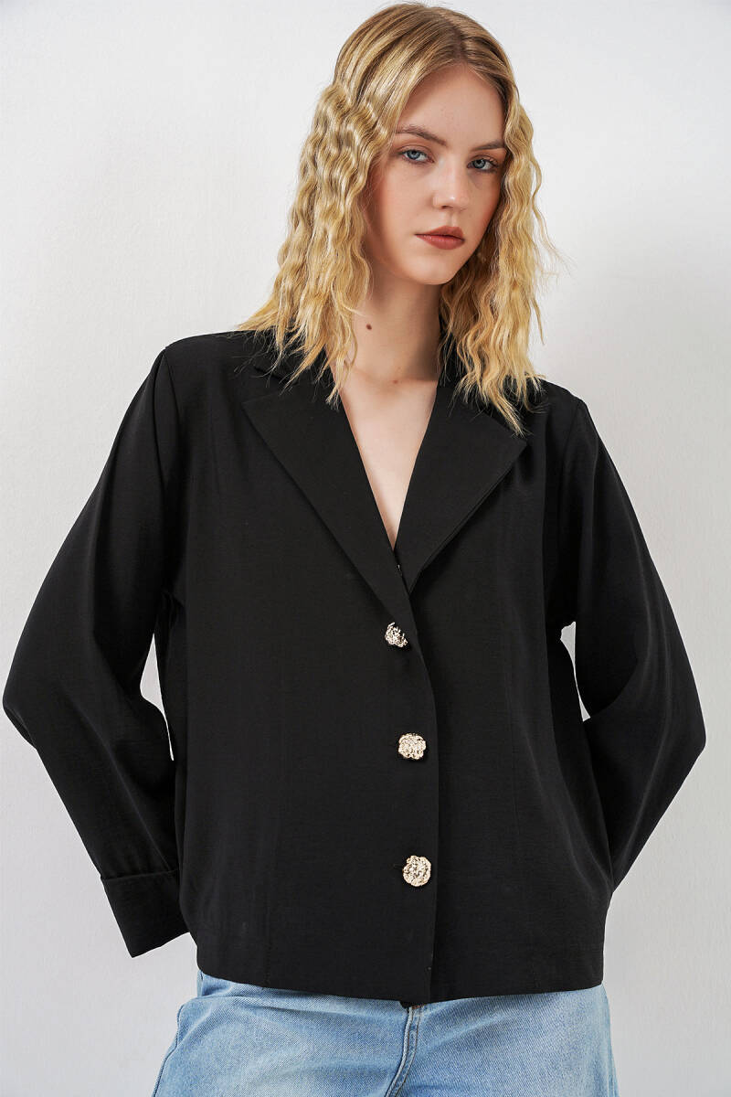 Kadın Kruvaze Yaka Oversize Ceket 0747 - Siyah - BİGDART