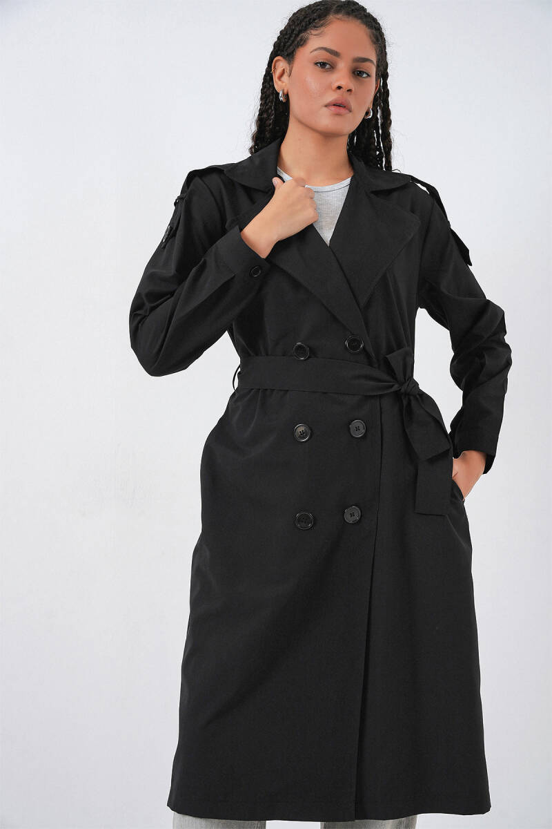 Kadın Kruvaze Yaka Trençkot 5978 - Siyah - BİGDART