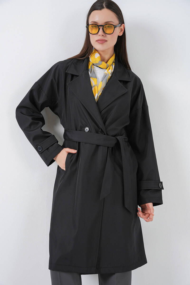 Kadın Kruvaze Yaka Trençkot 5987 - Siyah - BİGDART