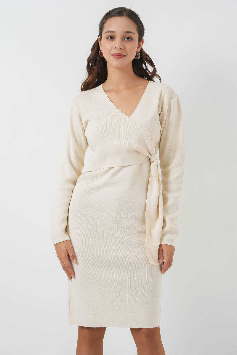 Kadın Kruvaze Yaka Triko Elbise 15928 - Ekru - BİGDART