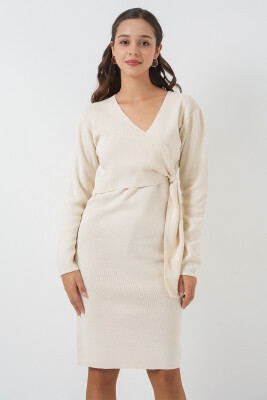 Kadın Kruvaze Yaka Triko Elbise 15928 - Ekru - BİGDART