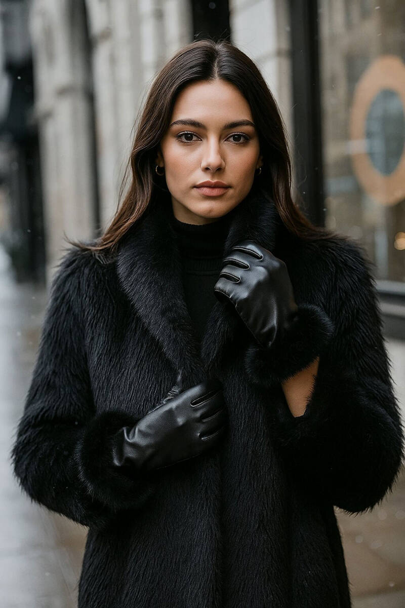 Kadın Kürk Detaylı Suni Deri Eldiven 010193 - Siyah - BİGDART