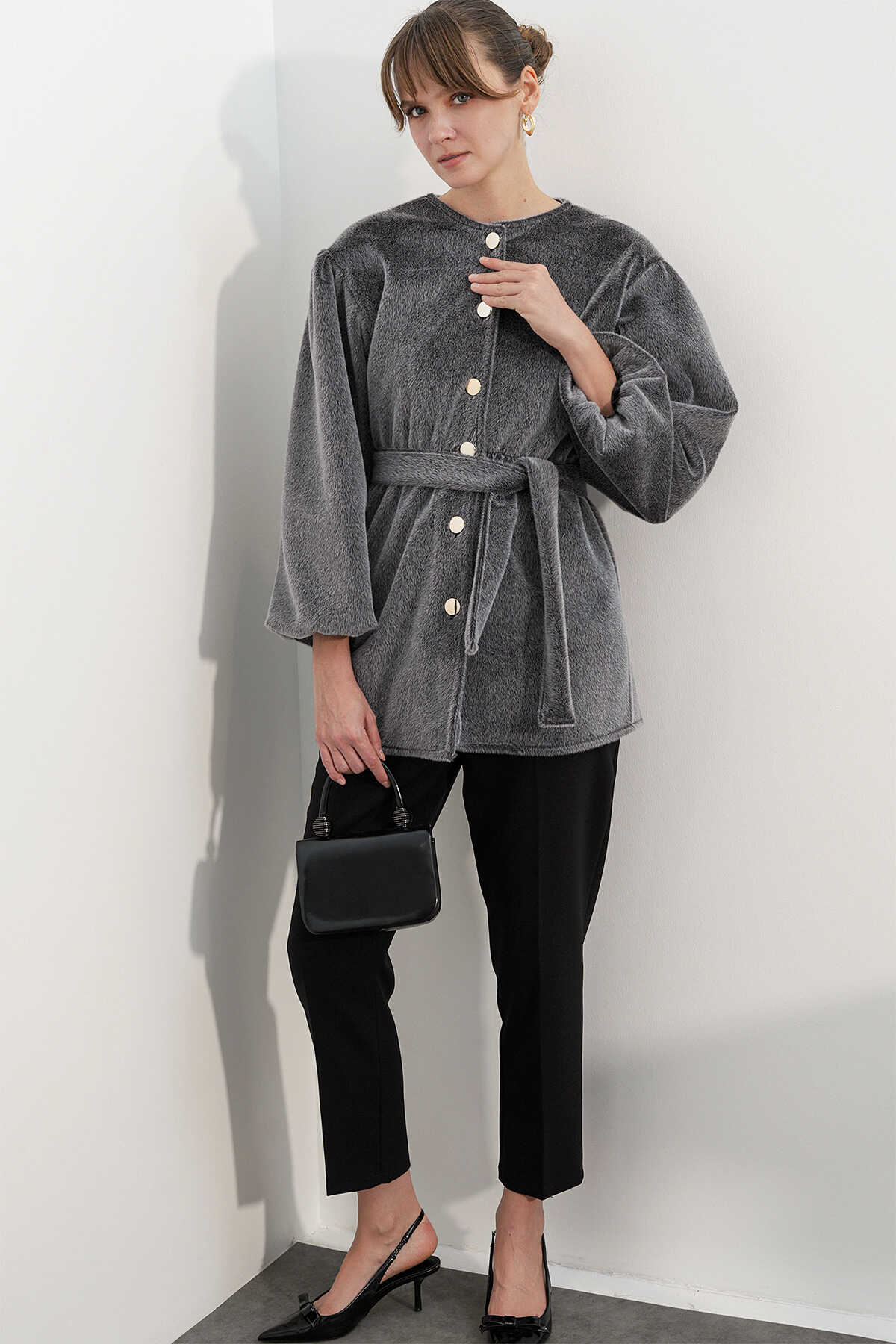 Kadın Kuşaklı Fox Kumaş Kaban 9173 - Gri - 2