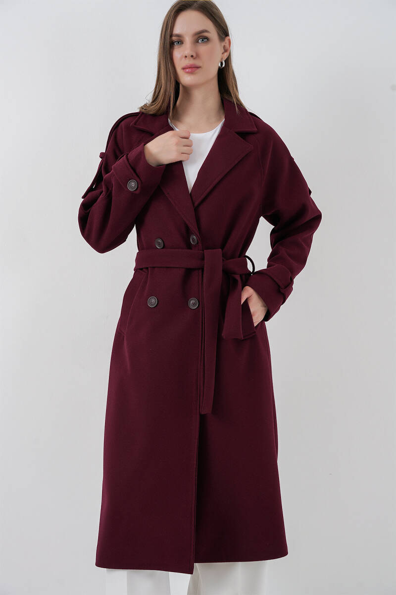 Kadın Kuşaklı Kaşe Kaban 9161 - Bordo - BİGDART