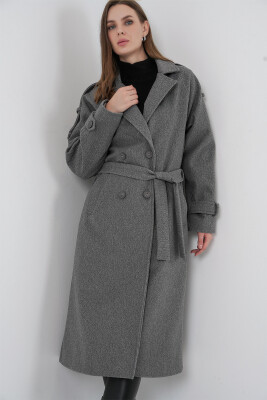 Kadın Kuşaklı Kaşe Kaban 9161 - Gri - BİGDART