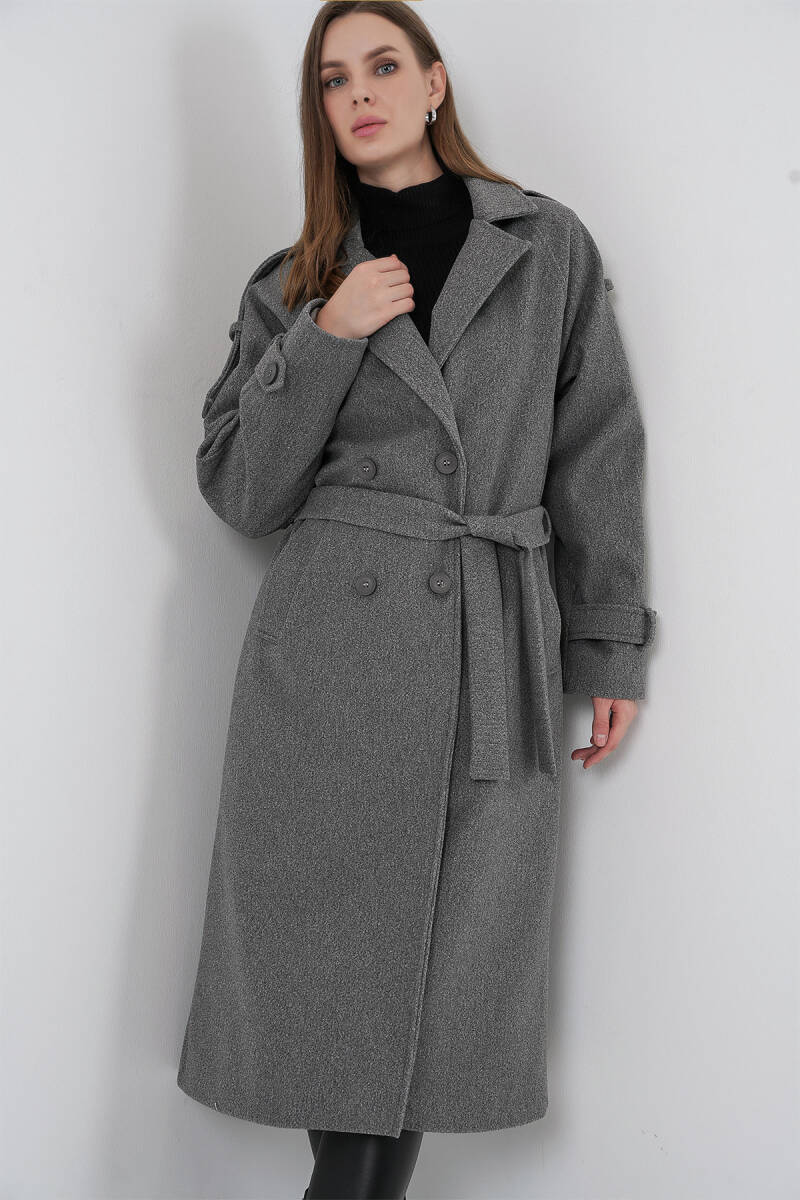 Kadın Kuşaklı Kaşe Kaban 9161 - Gri - BİGDART