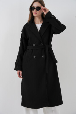 Kadın Kuşaklı Kaşe Kaban 9161 - Siyah - BİGDART