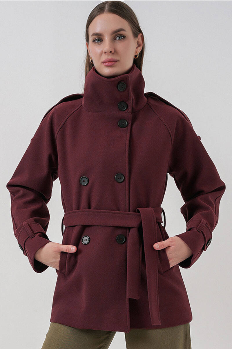 Kadın Kuşaklı Kaşe Kaban 9162 - Bordo - BİGDART