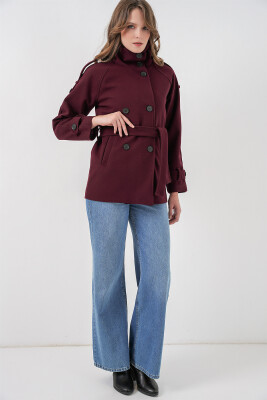 Kadın Kuşaklı Kaşe Kaban 9162 - Bordo - 2