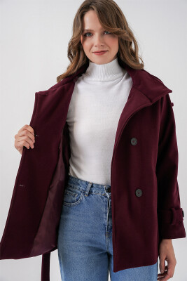 Kadın Kuşaklı Kaşe Kaban 9162 - Bordo - 4