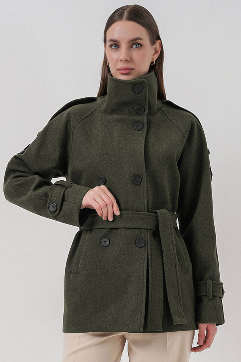 Kadın Kuşaklı Kaşe Kaban 9162 - Haki - BİGDART