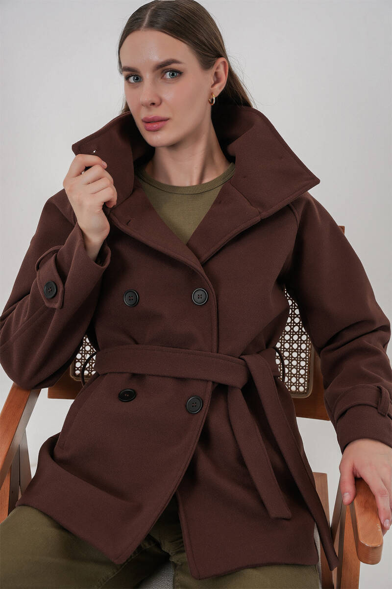 Kadın Kuşaklı Kaşe Kaban 9162 - Kahverengi - BİGDART