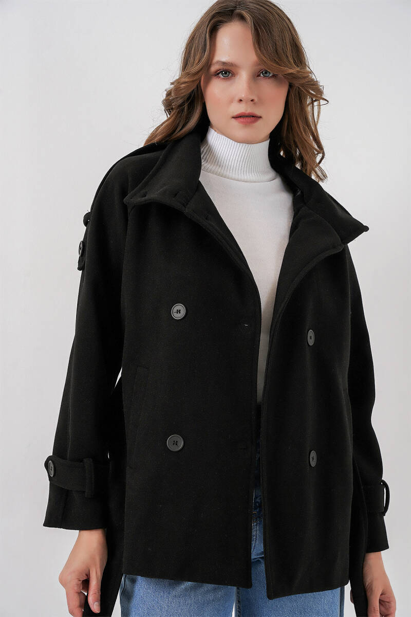 Kadın Kuşaklı Kaşe Kaban 9162 - Siyah - BİGDART