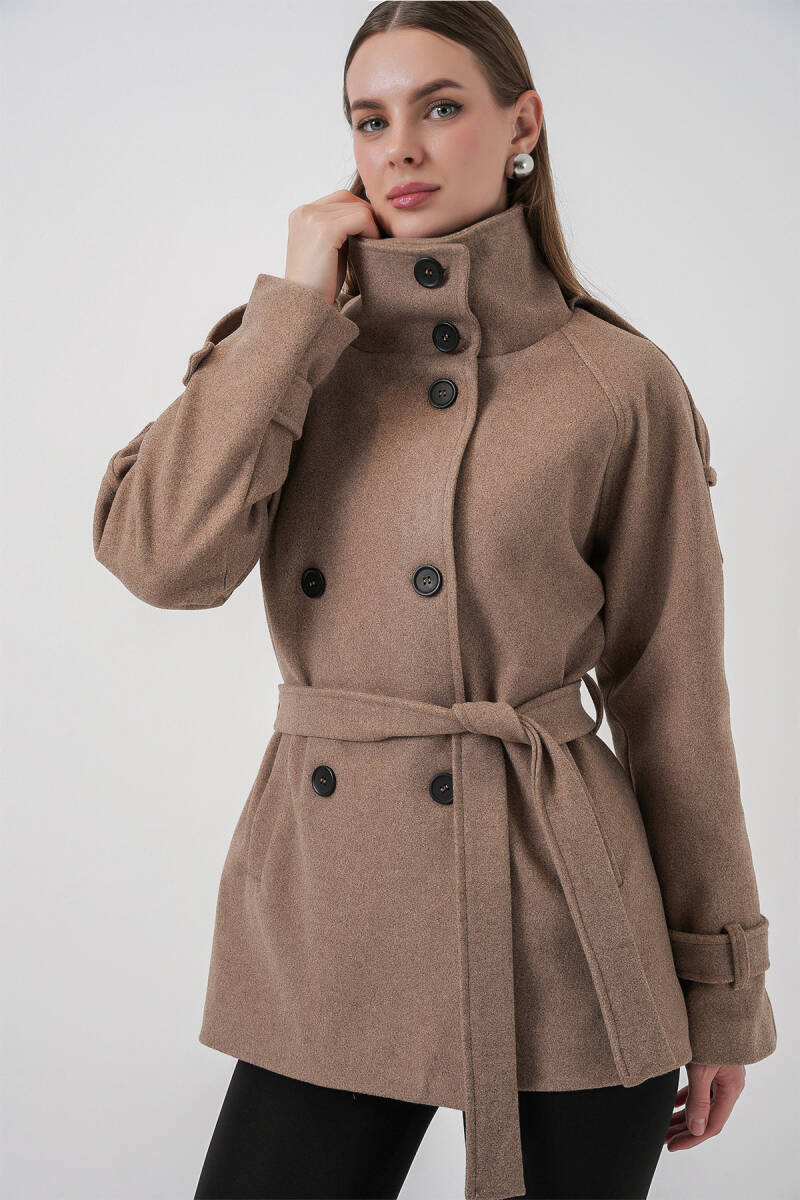 Kadın Kuşaklı Kaşe Kaban 9162 - Taş - BİGDART