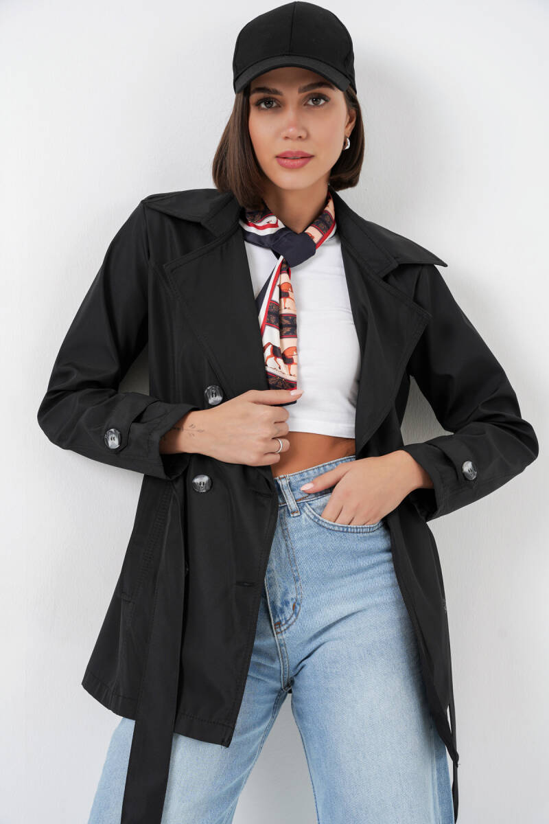 Kadın Kuşaklı Kısa Trençkot 5982 - Siyah - BİGDART