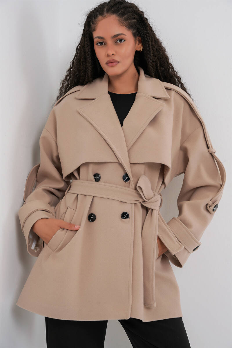Kadın Kuşaklı Oversize Kaşe Kaban 9157 - Bej - BİGDART