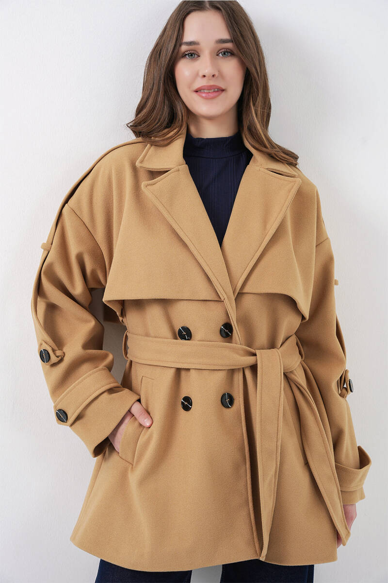 Kadın Kuşaklı Oversize Kaşe Kaban 9157 - Hardal - BİGDART
