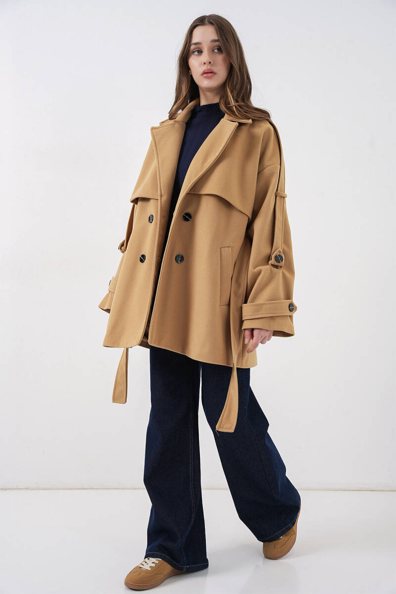 Kadın Kuşaklı Oversize Kaşe Kaban 9157 - Hardal (1)
