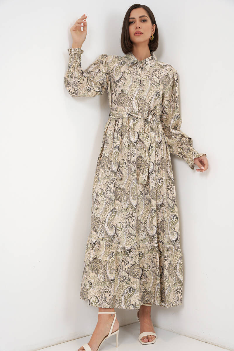 Kadın Kuşaklı Tesettür Elbise 2589 - Bej - BİGDART