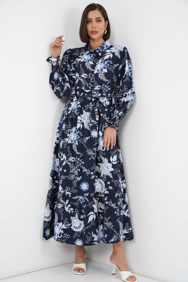 Kadın Kuşaklı Tesettür Elbise 2589 - Lacivert - BİGDART