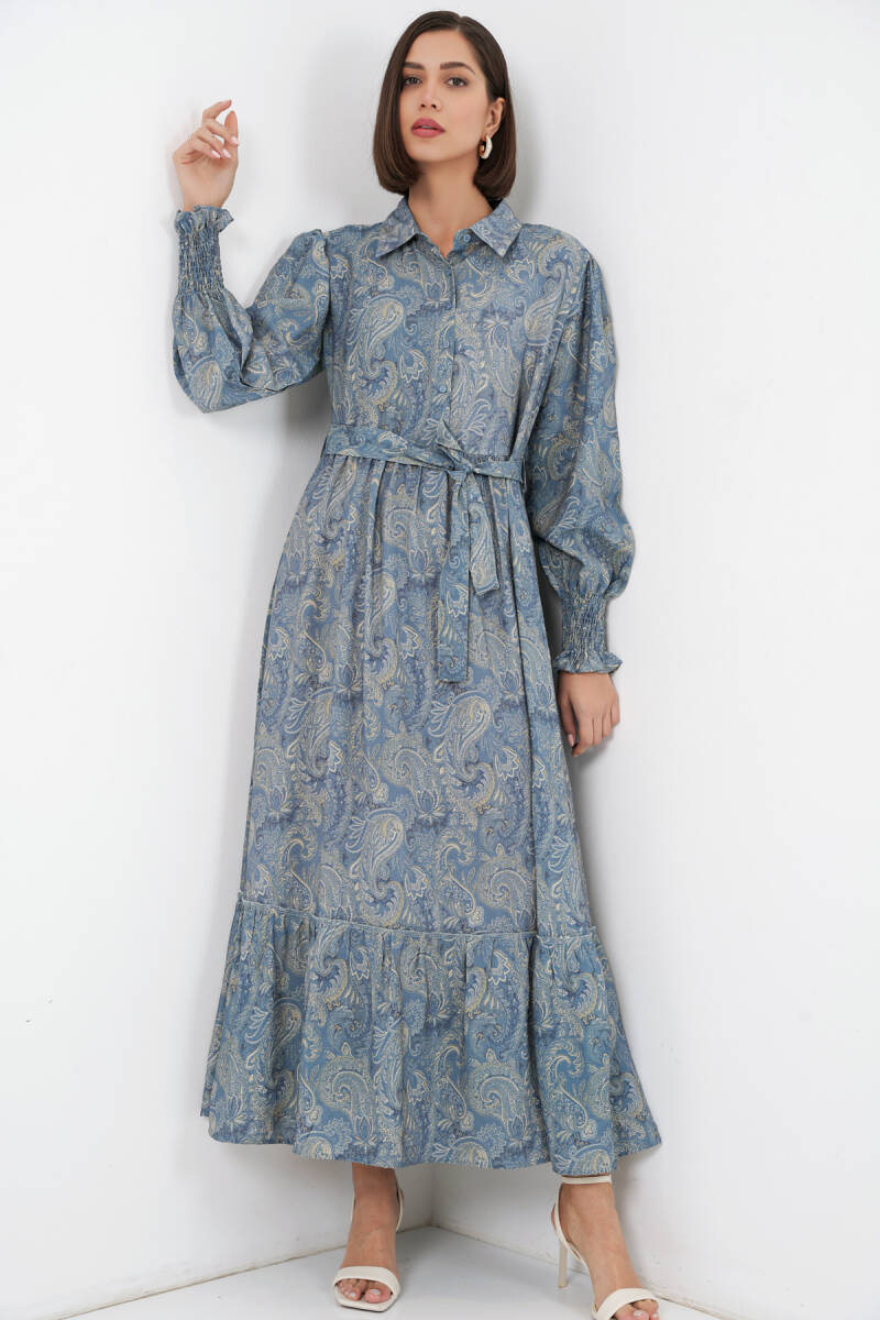 Kadın Kuşaklı Tesettür Elbise 2589 - Mint - BİGDART