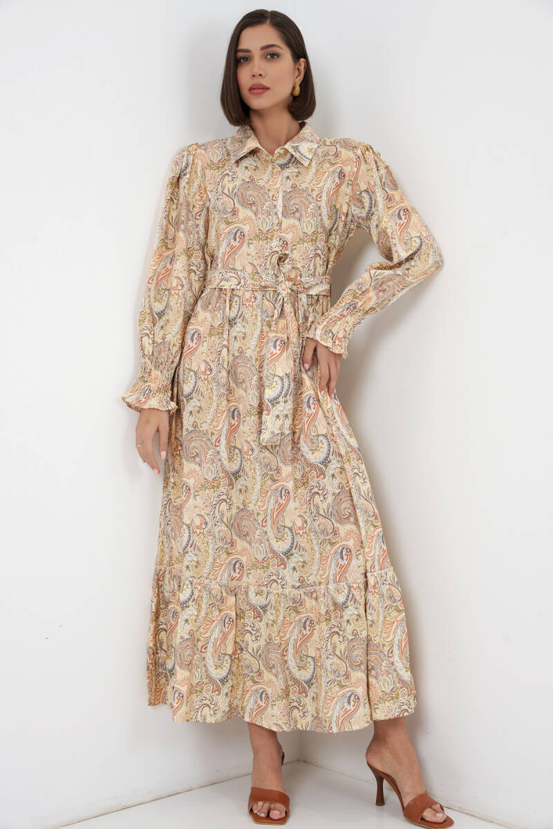 Kadın Kuşaklı Tesettür Elbise 2589 - Sarı - BİGDART