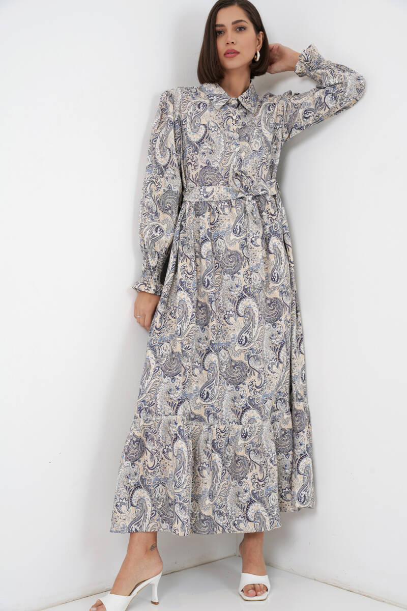 Kadın Kuşaklı Tesettür Elbise 2589 - Taş - BİGDART