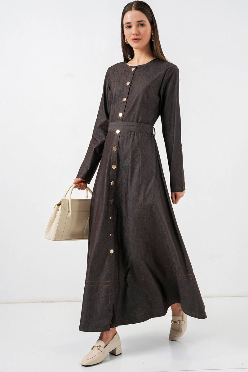 Kadın Kuşaklı Uzun Denim Elbise 2595 - Füme - BİGDART